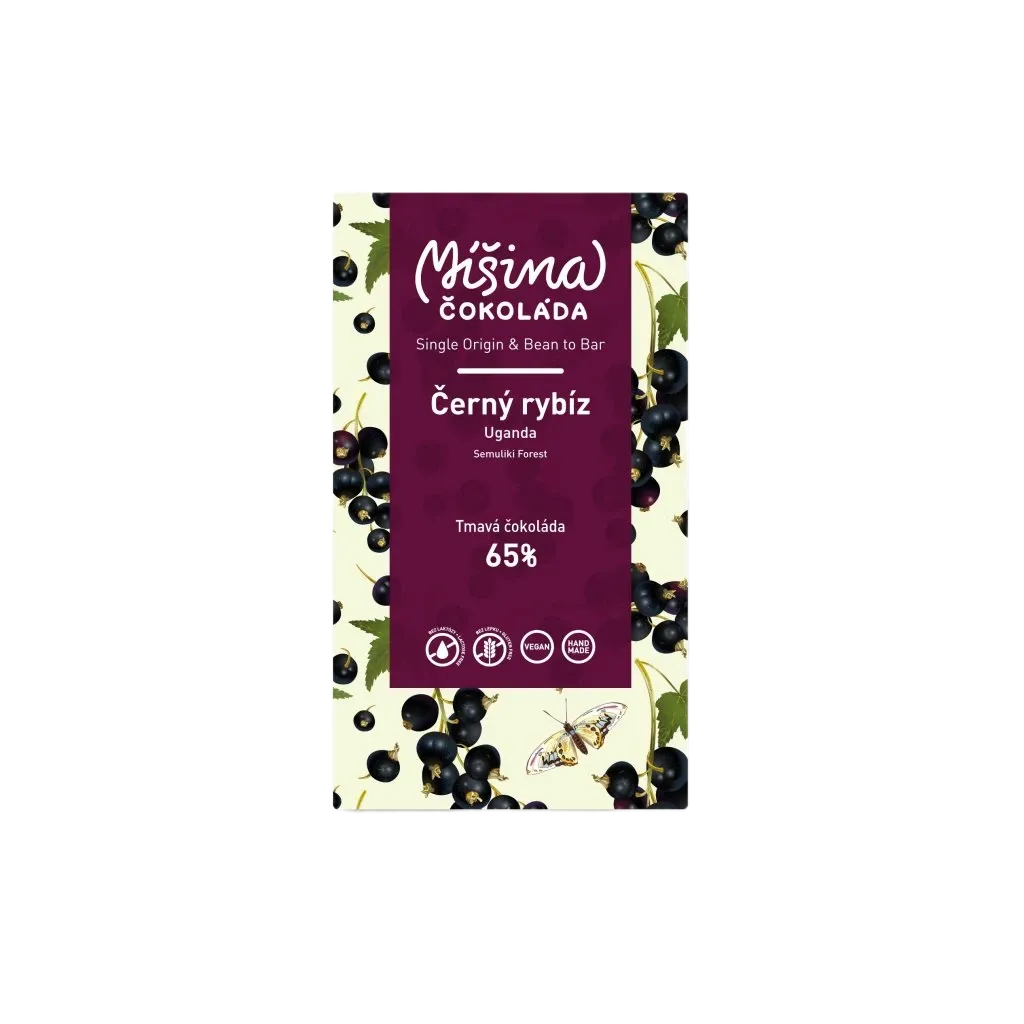 [1855371668351530] Míšina čokoláda - Tmavá čokoláda Uganda 65%  s černým rybízem 50g