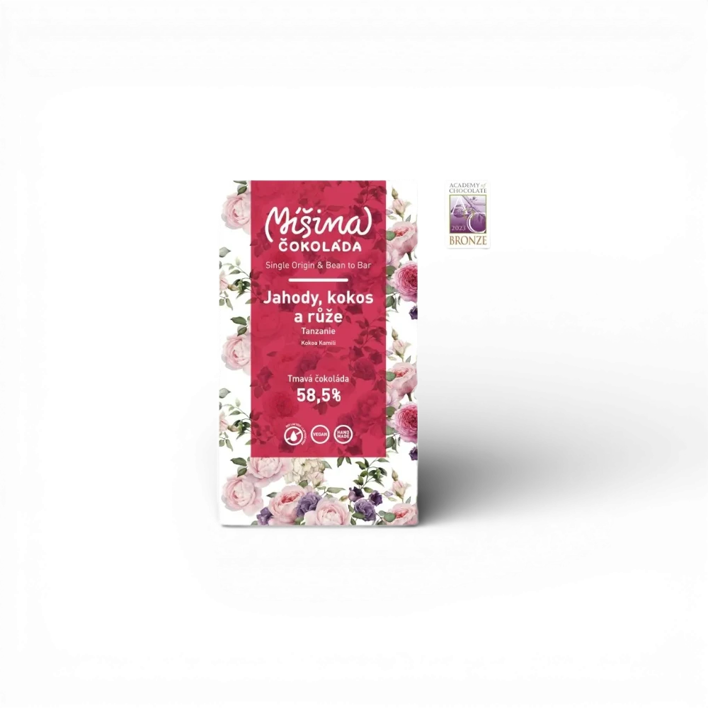 [906] Míšina čokoláda - Tmavá čokoláda 58,5% Tanzanie s jahodami, kokosem a růžemi 50g