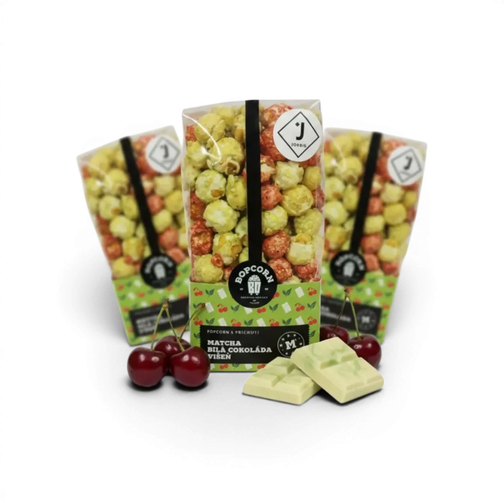 Bopcorn - Popcorn matcha, bílá čokoláda, višeň 70g